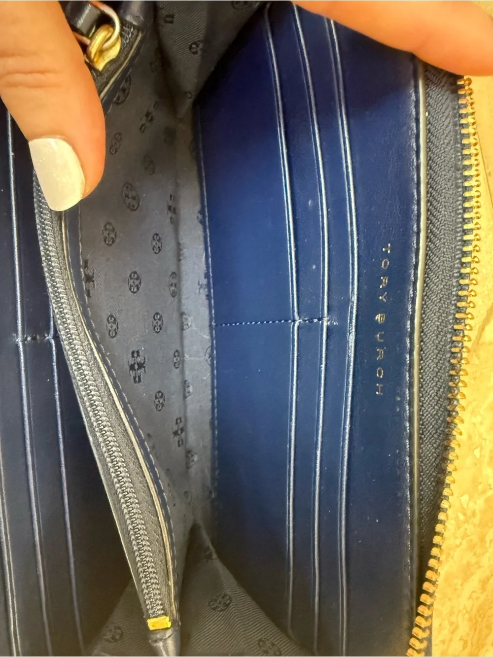 Tory Burch Retro Peace Love Leather Continental Long Zip Wallet Navy